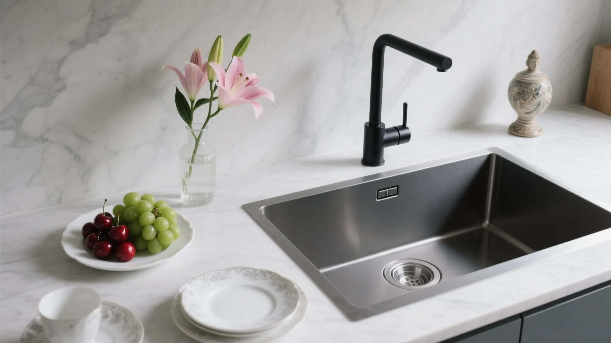 Modern kitchen with rectangular stainless steel sink embedded in white countertop with wooden cabinets below, silver faucet, and kitchen items including plates and bottles